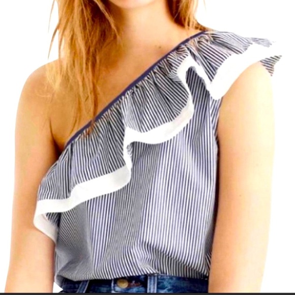 J. Crew Ruffled One Shoulder Stripes Top size 12P - Picture 4 of 10